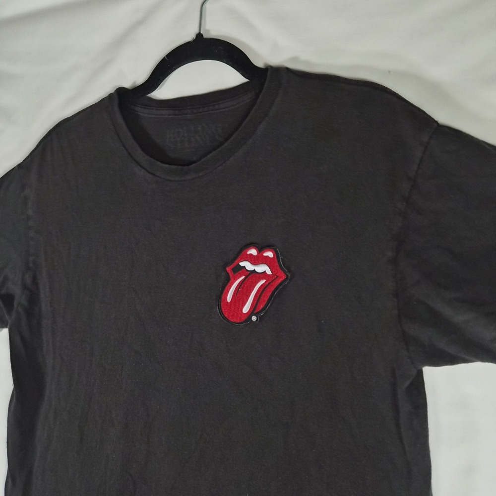 The Rolling Stones Black T-Shirt Tongue Logo Patch Band Tee Faded Distressed